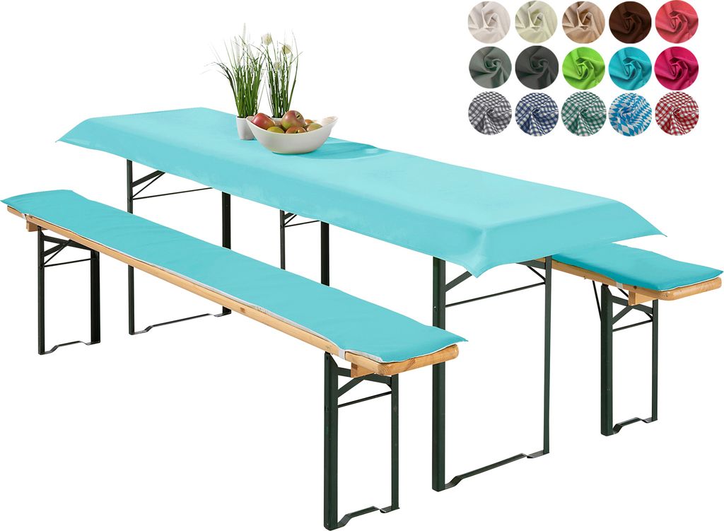 heimtexland Bierzeltgarnitur Auflagen Set 3-teilig Tischdecke Bierbank Polster Sitzkissen Tischdeko Typ698 Aqua für Tischmaß 50x220 cm