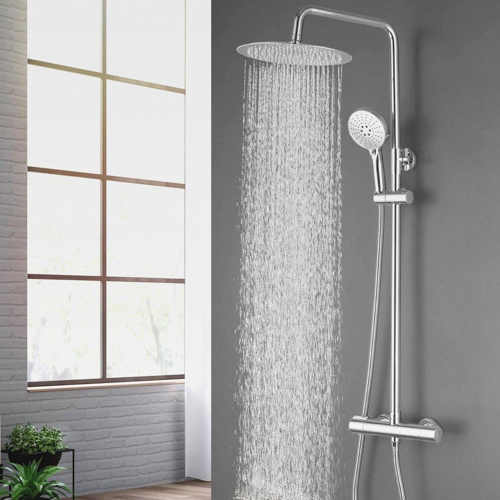 Duschsystem mit Thermostat, Duscharmatur Komplettset Edelstahl Regendusche 300 mm, 3 Strahlarten Handbrause, Höhenverstellbare Duschstange (845-11...