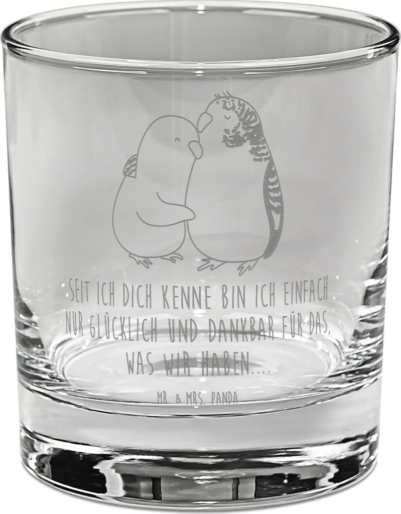 Mr. & Mrs. Panda Whiskyglas Wellensittich Liebe - Transparent - Geschenk, Kuscheln, Freundin, Paar, Tumbler, Gravur, Glas, Verknallt, Whiskeyglas, ...