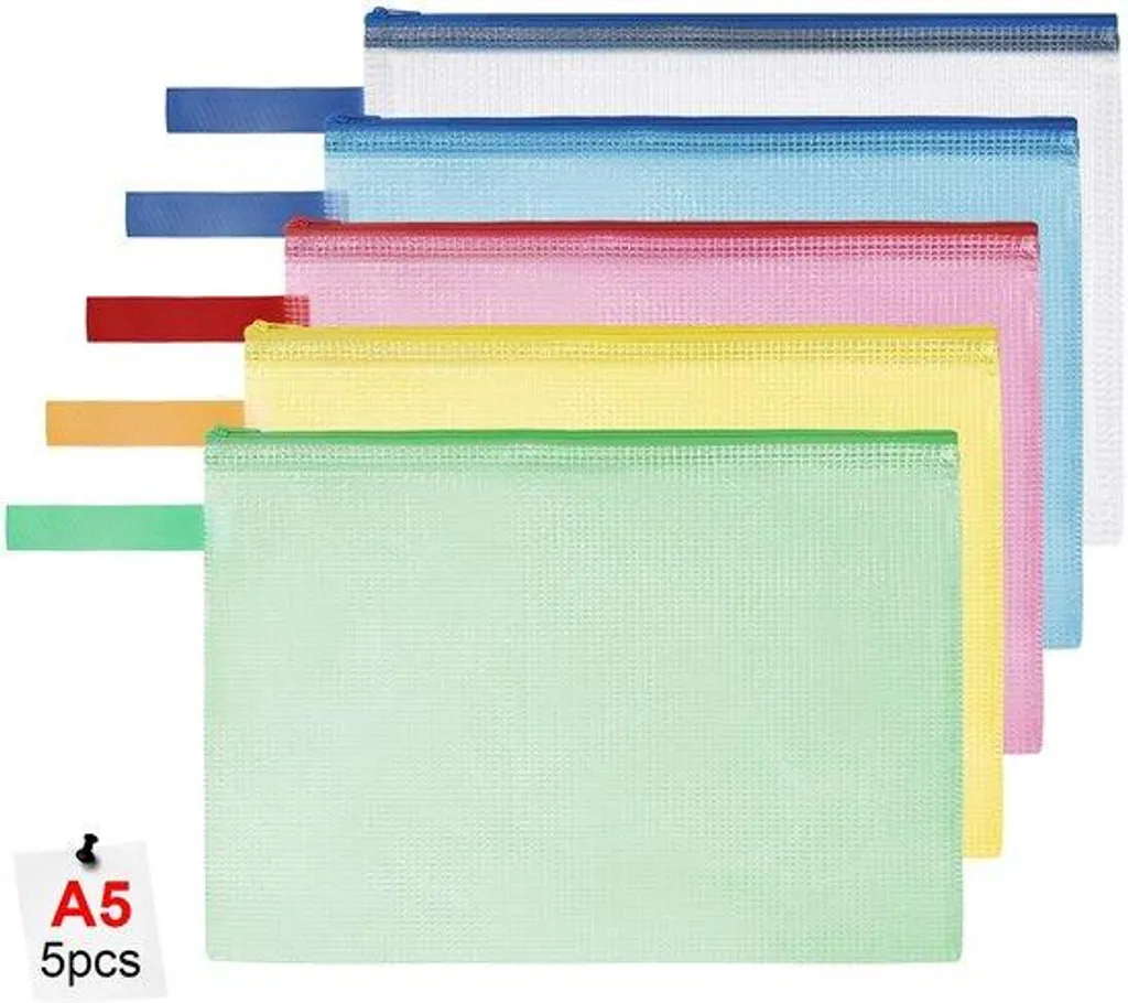 Lot de 5 sacs de rangement A5 étanches, pochette zip pour fournitures
