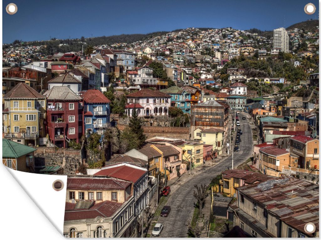 MuchoWow 80x60 cm Outdoor-Poster Gartendeko Sichtschutz Garten Poster für den Garten Skyline von Valparaiso