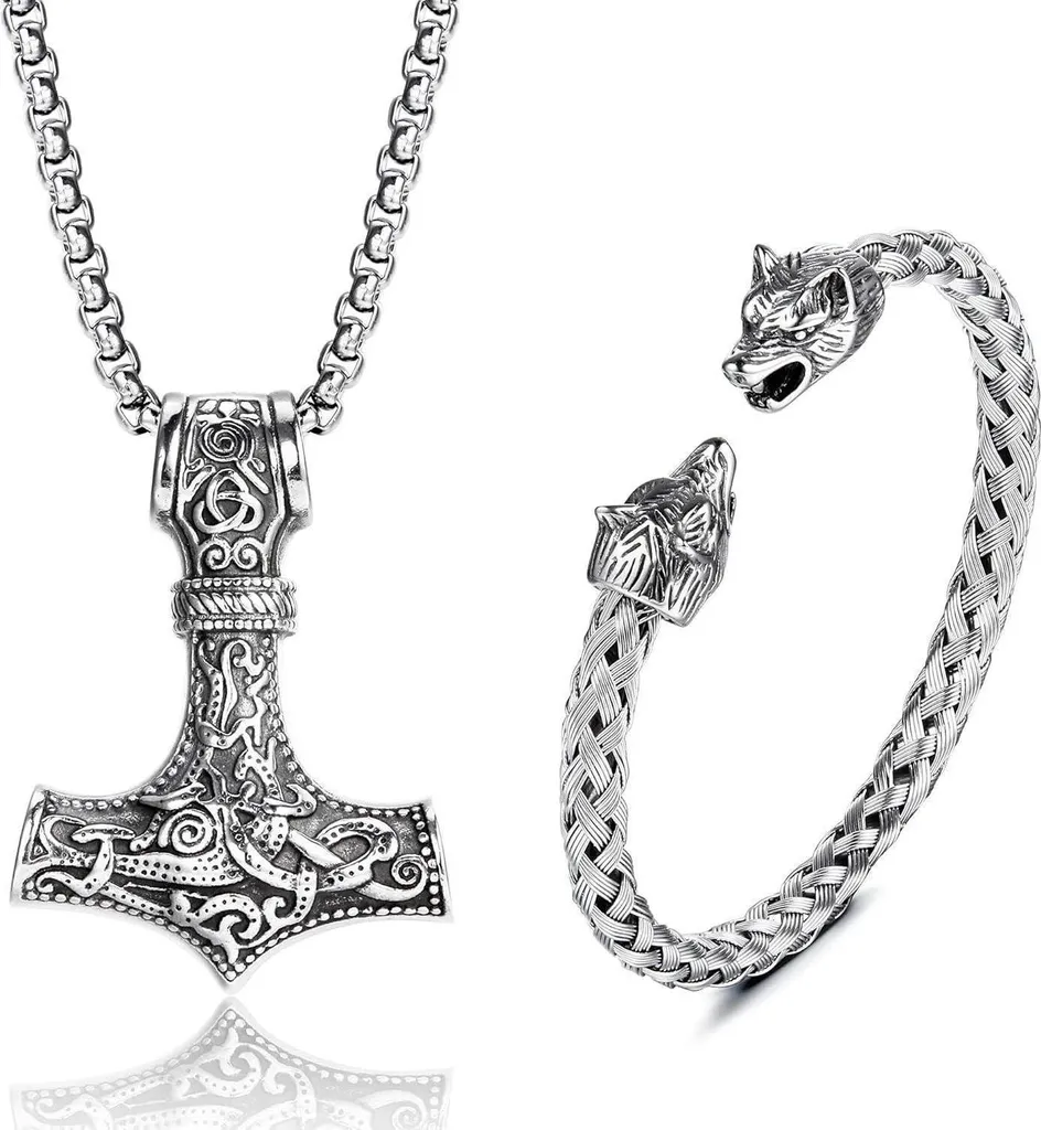 Collier Viking Marteau de Thor avec Bracelet Loup pour Look Homme Rebelle