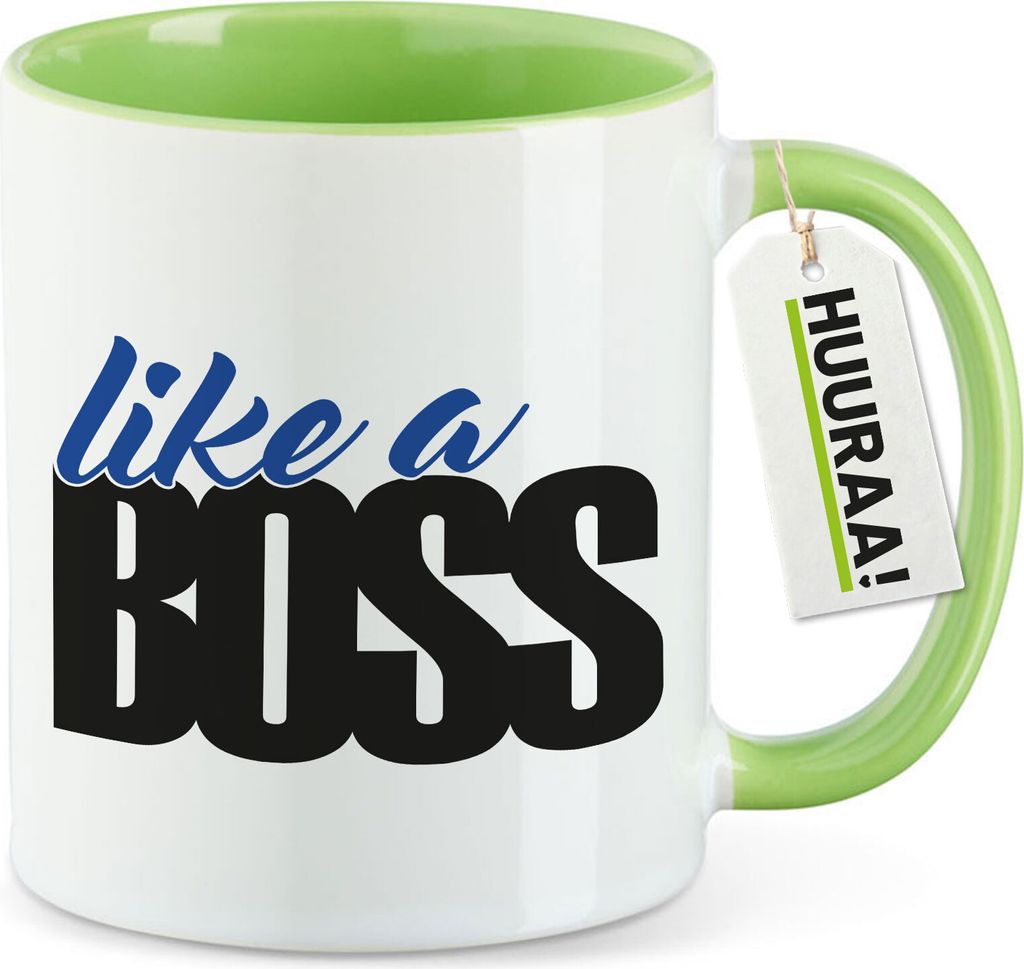 Huuraa Kaffeetasse like a Boss Spruch 330ml Grün Keramik Kaffeebecher Geschenkidee