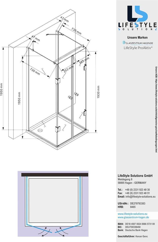 GZH 80x80x80x195 cm Ares U-Duschkabine Schwarz