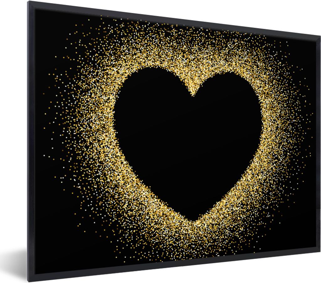 MuchoWow Gerahmtes Poster Goldenes Herz auf schwarzem Hintergrund 80x60 cm - Poster mit Schwarzem Bilderrahmen Wandposter Rahmen Foto Bilder - Sc...