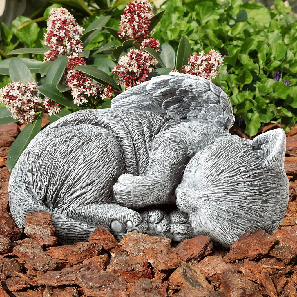 Statue Chat Ange Dormant en Résine Grise - Sculpture Mémoire Animaux