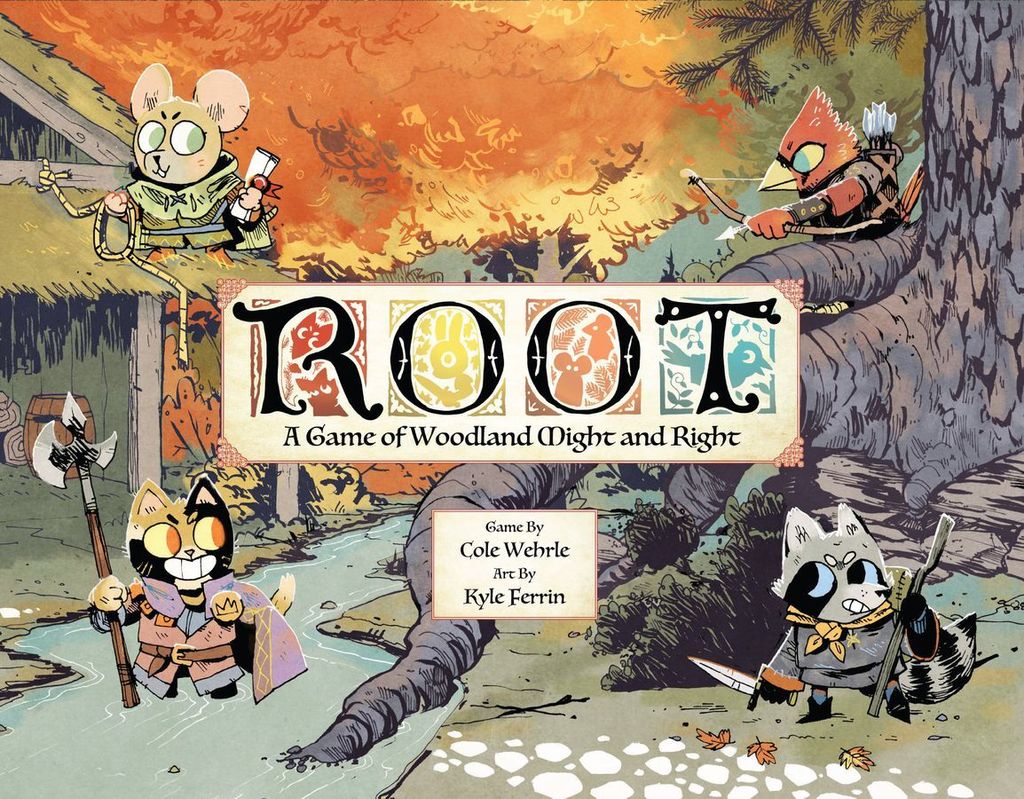The image is the box art for the board game Root, featuring anthropomorphic animal characters in a woodland setting.