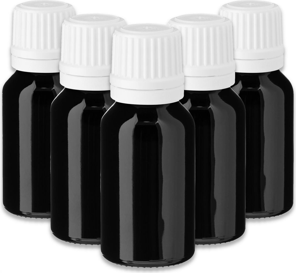 5x Schwarze Glasflasche 15 ml mit weißem Tropfer leere Tropfflasche