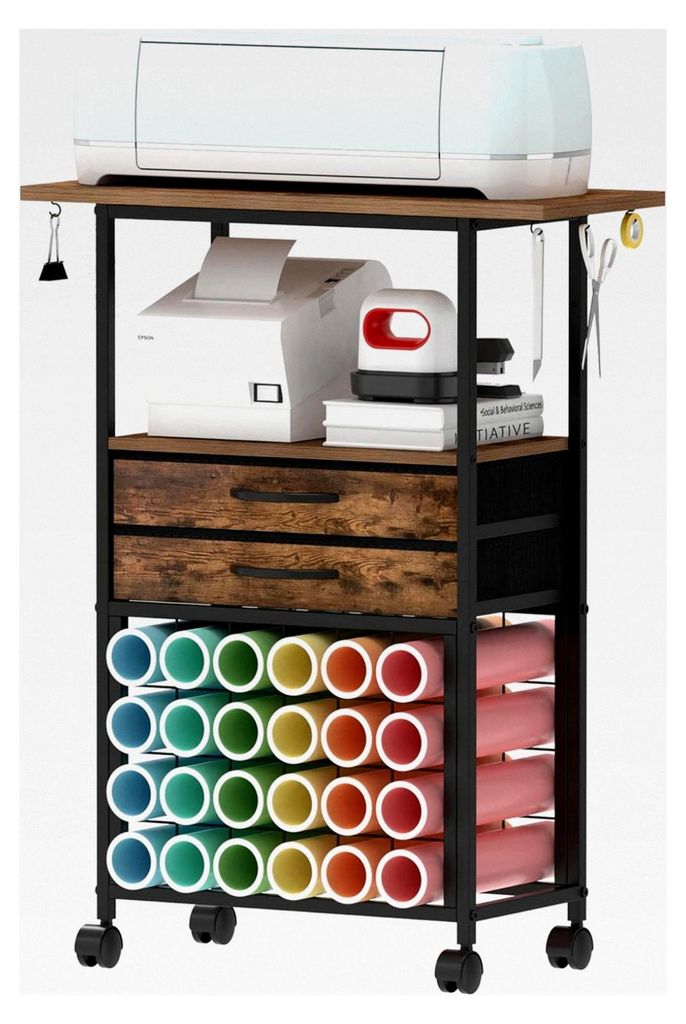 Organisation Craft Cart für Cricut Maschinen - Rollender Bastelorganisator mit 24 Vinylrollenhaltern und 2 Stoffschubladen für das Bastelzimmer