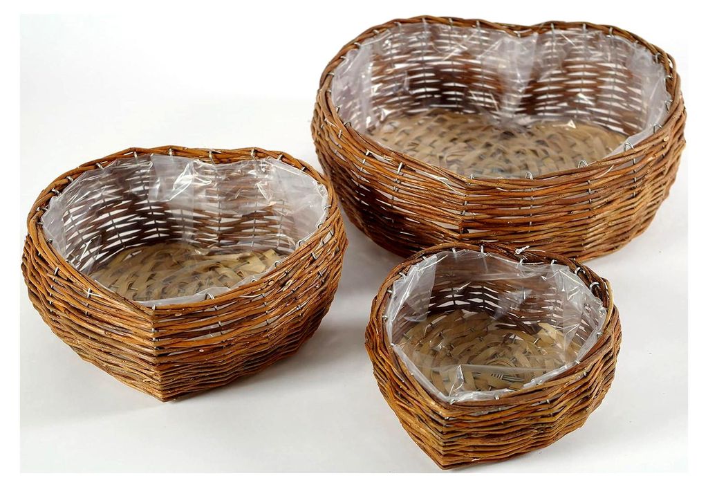 Pflanzschalen, 3er Set aus brauner Weide in Herzform, dekorative Weidenkörbe mit Folie, ideal als Übertopf oder romantische Deko
