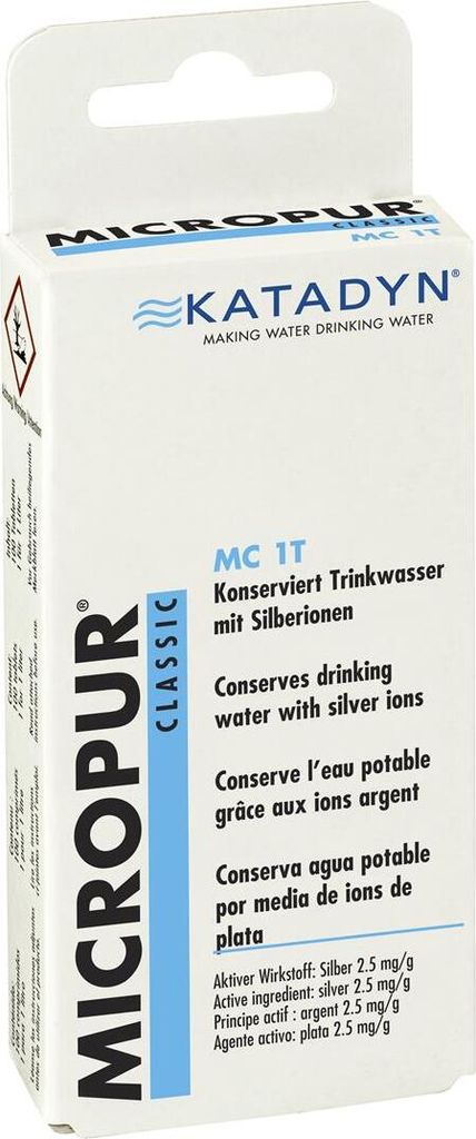 A product shot of a Katadyn Micropur Classic water purification tablet box.