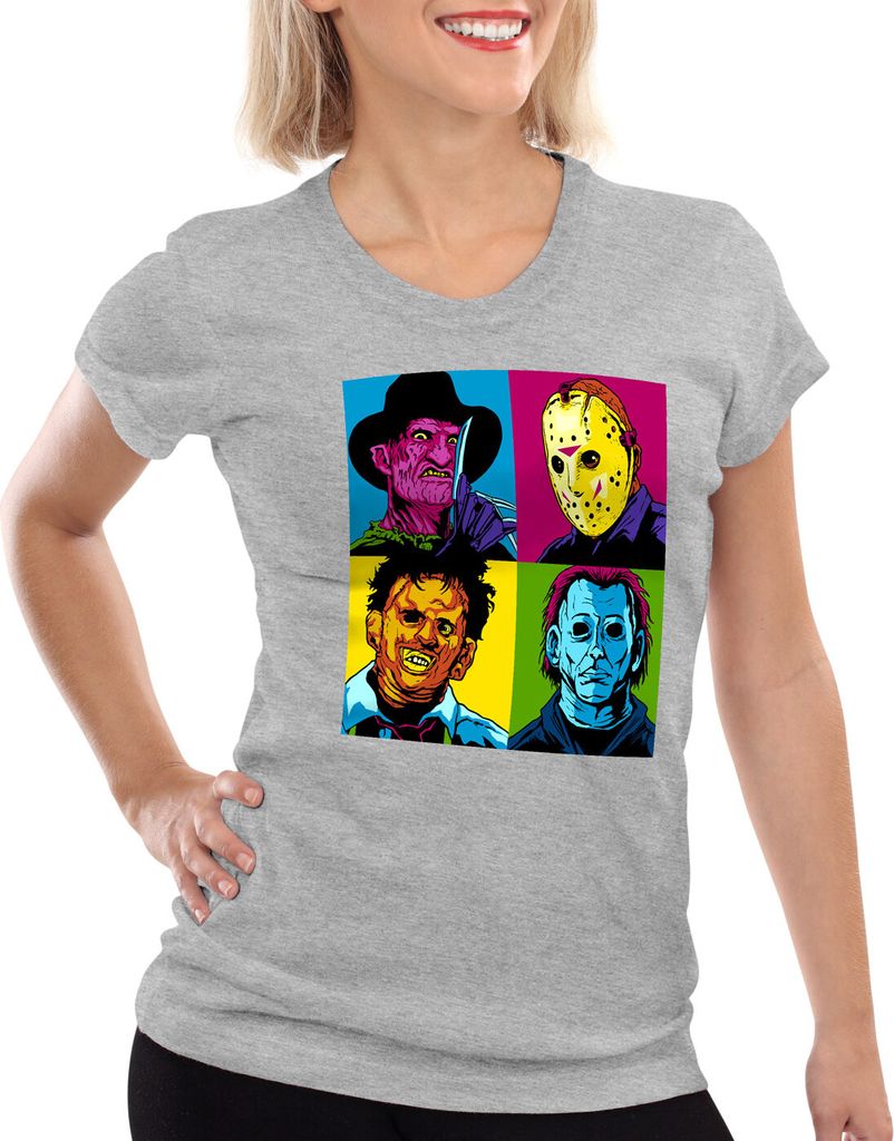 style3 Pop-Art Grusel Damen T-Shirt freddy jason michael leatherface warhol, Farbe:Grau meliert, Größe:M