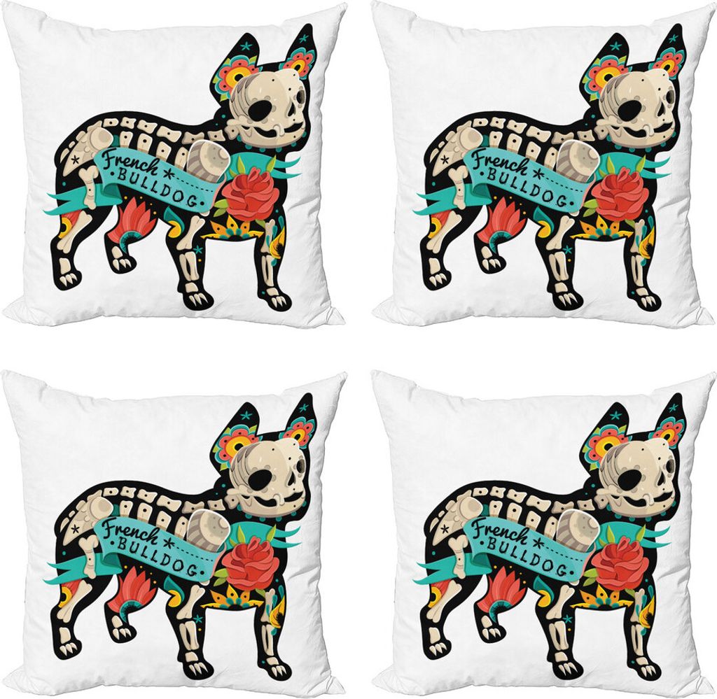 ABAKUHAUS Bulldogge Kissenbezug Set (4 Stück), Gothic Skeleton Blumen, Moderner Doppelseitiger Digitaldruck, 50 cm x 50 cm, Mehrfarbig