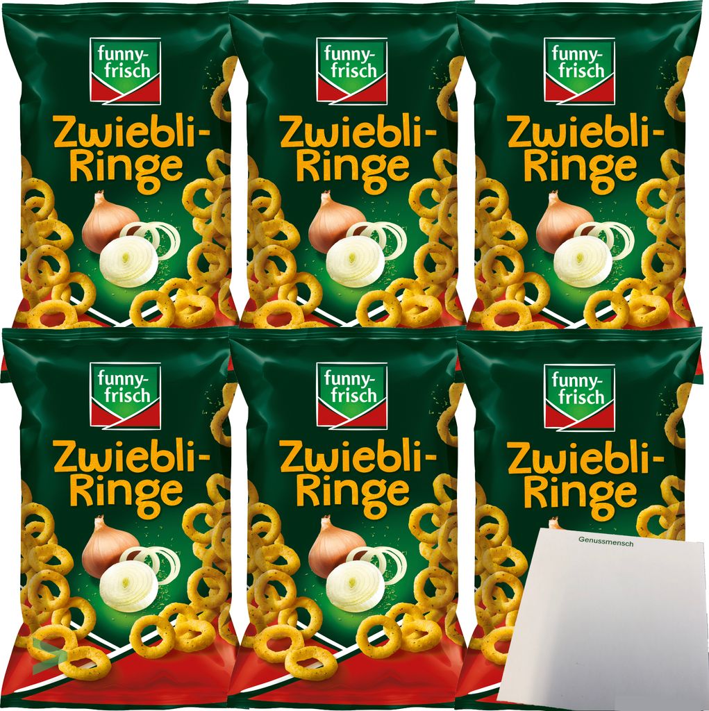 Funny Frisch Zwiebliringe geoldgelbe Maisringe mit herzhaftem Zwiebelgeschmack 6er Pack (6X80g Tüte) + usy Block