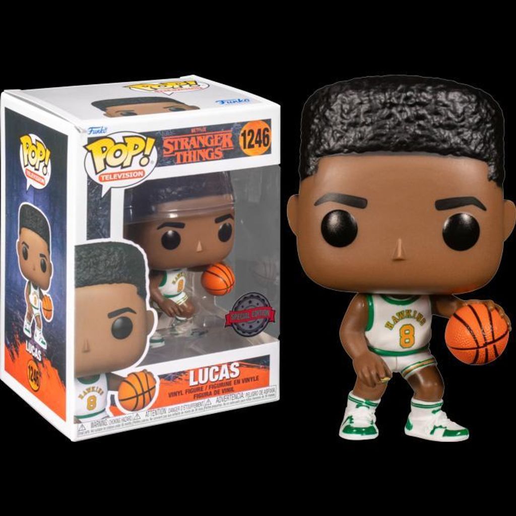 A Funko Pop! vinyl figure of Lucas from Stranger Things, shown both in its packaging and outside of it.