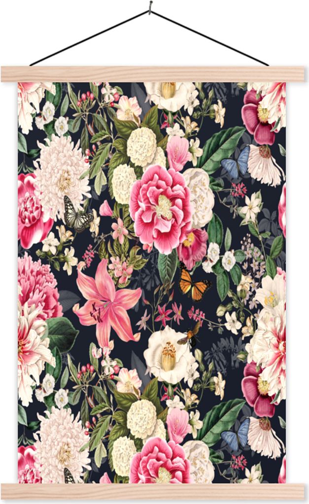 MuchoWow Textilposter Blumen - Muster - Rosa 40x60 cm mit holzfarbenen Rahmen - Poster
