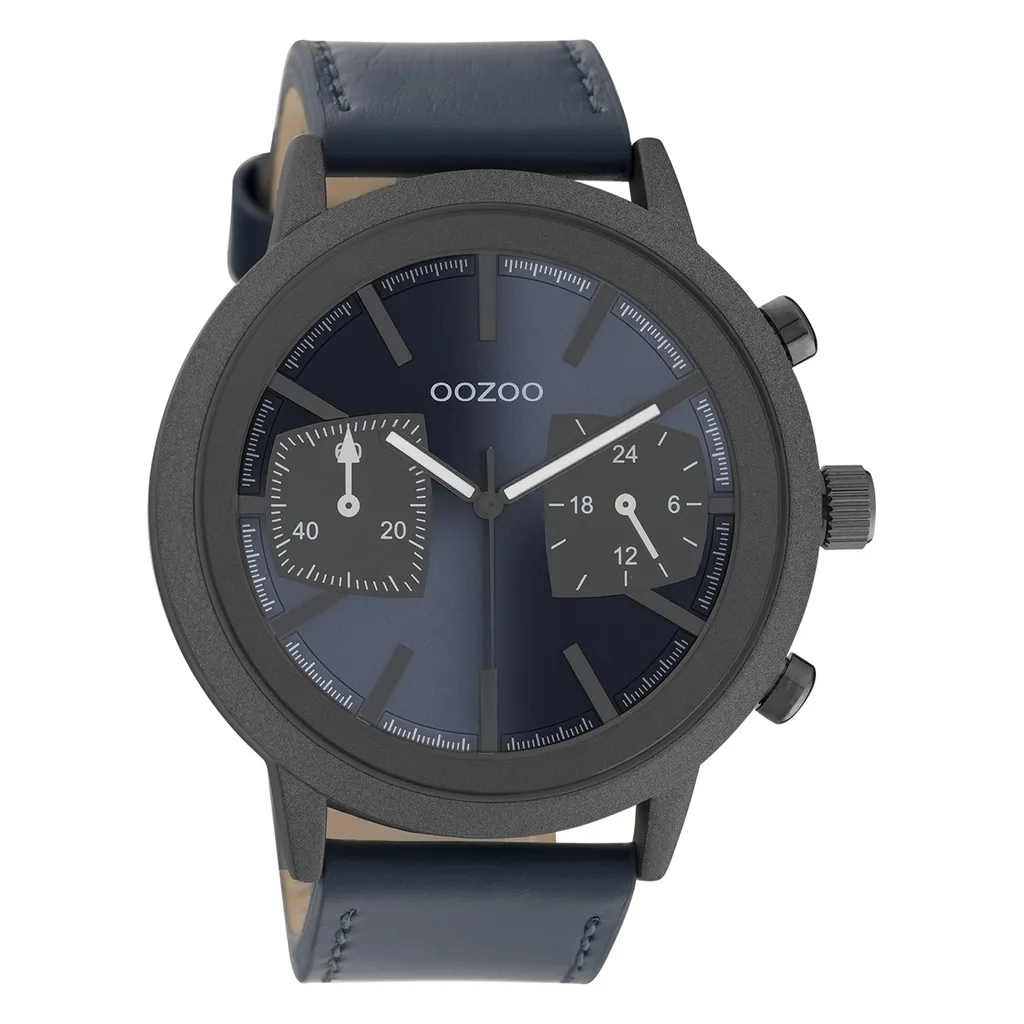 Montre Oozoo C10807 Bracelet Cuir Bleu Foncé et Boîtier Acier Quartz