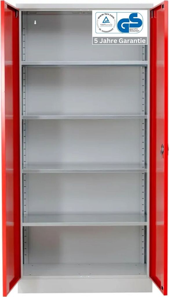 Stahlschrank BEE mit 4 lackierten Fachböden | HxBxT 195x92x50cm | Korpusfarbe Lichtgrau, Frontfarbe Feuerrot | Werkstattschrank Werkzeugschrank Ak...