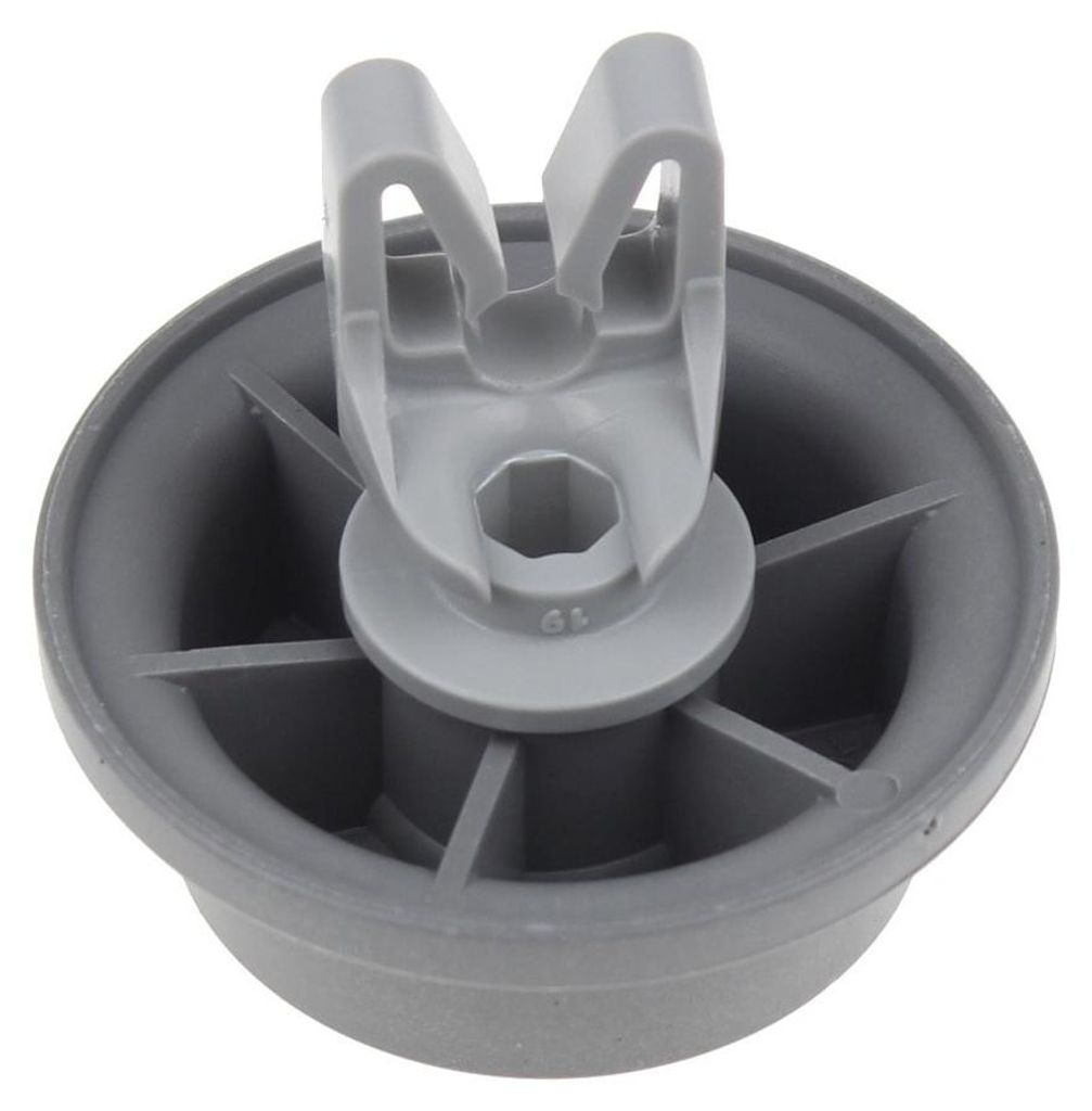 A close-up studio shot of a gray plastic dishwasher lower rack roller.