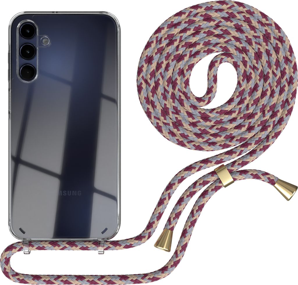 EAZY CASE Handykette kompatibel mit Samsung Galaxy A15, Handyhülle mit Umhängeband, Handykordel, Schutzhülle Clear, Band in Rot