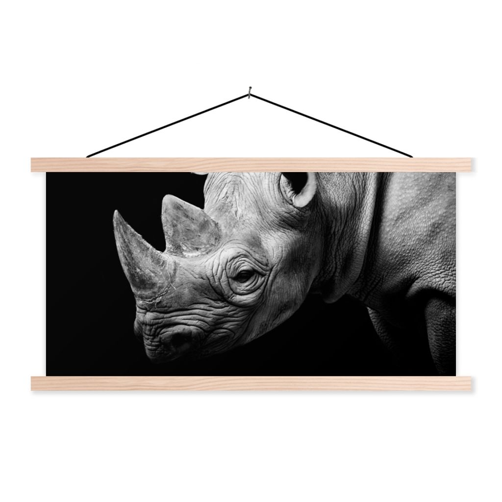 MuchoWow Textilposter Tiere - Nashorn - Schwarz - Weiß - Porträt 60x30 cm mit holzfarbenen Rahmen - Dekoration