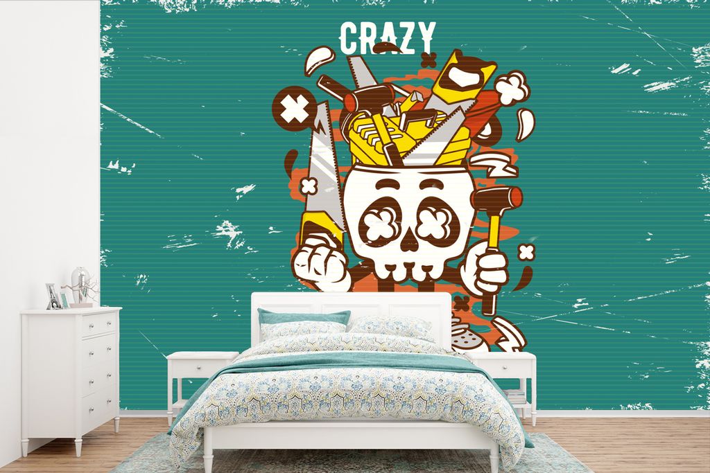 MuchoWow Fototapete für Wohnzimmer oder Schlafzimmer Wandtapete Vinyl Motivtapete Vintage - Totenkopf - Werkzeuge - 600x400 cm - Vinyltapeten