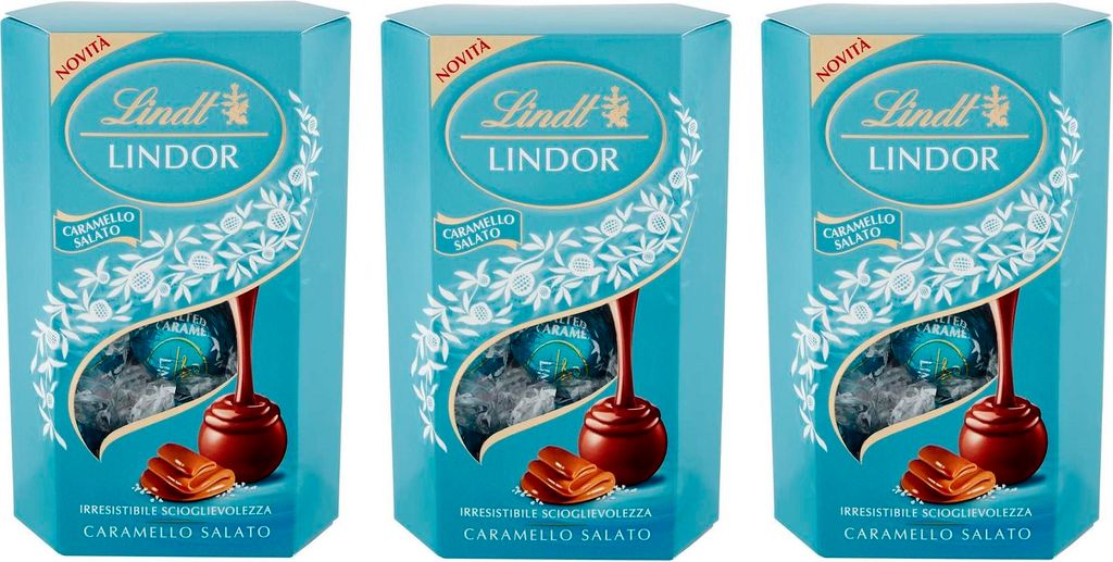 3x Lindt Lindor Caramello Salato Praline Pralinen mit Milchschokolade und Salzkristalle mit weicher gesalzener Karamell Füllung 200g
