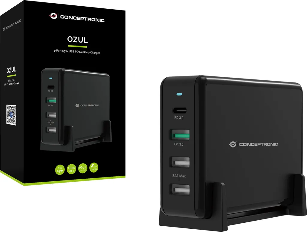 Chargeur 65W USB-PD Conceptronic OZUL avec technologie 4 ports