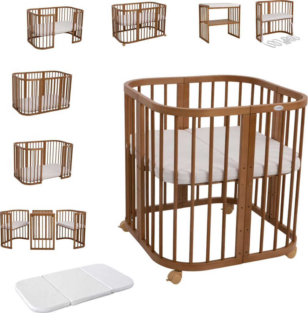 Mobiles Babybett aus Holz 7in1 mit Matratze, mitwachsend,Ohne Stoffset,Holz vintage