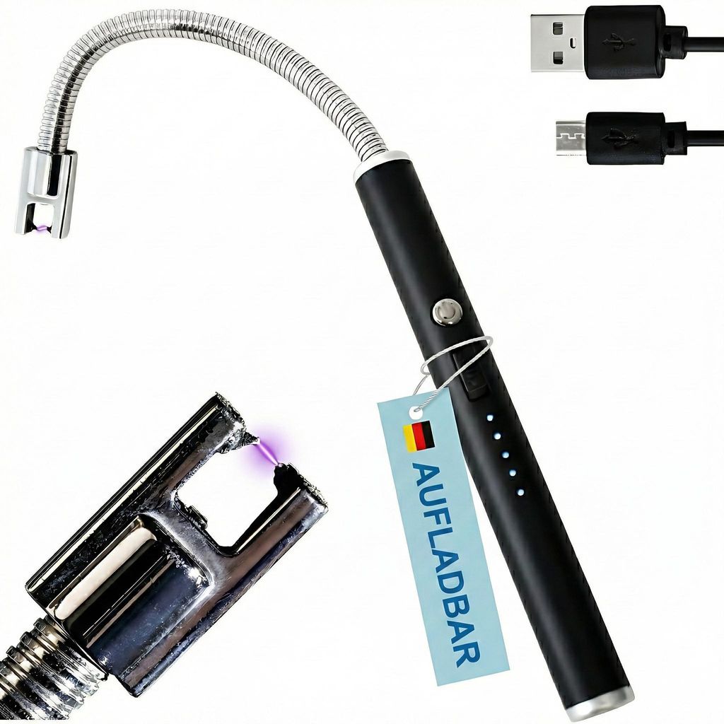 TOM Lichtbogenfeuerzeug | 25,5 cm | biegsamer Stab | mit USB Kabel | 360° biegbar
