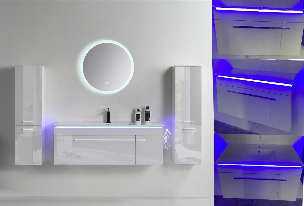 Badmöbel Set 90cm Weiß Hochglanz Keramik Becken runder LED Produktbild 