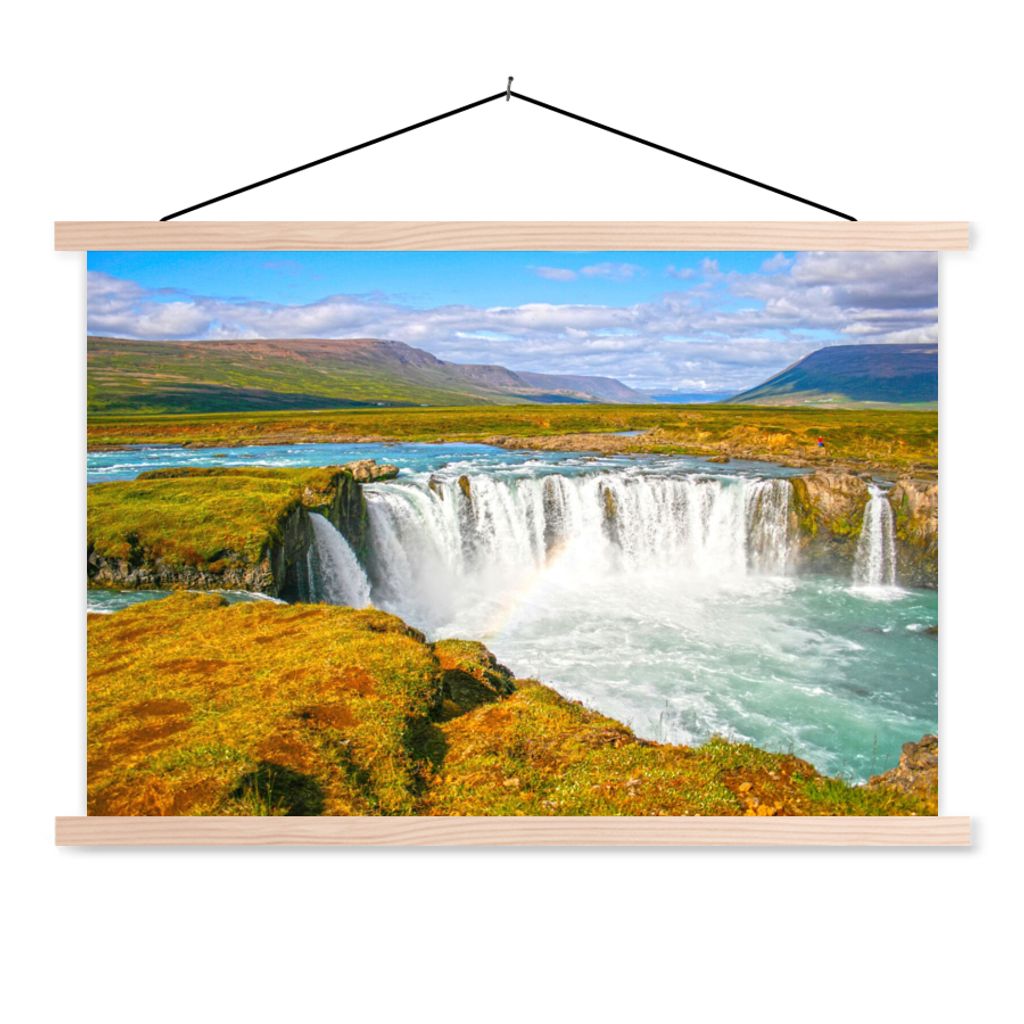 MuchoWow Textilposter Wasserfall - Wasser - Natur 120x80 cm mit holzfarbenen Rahmen - Aufhängeset