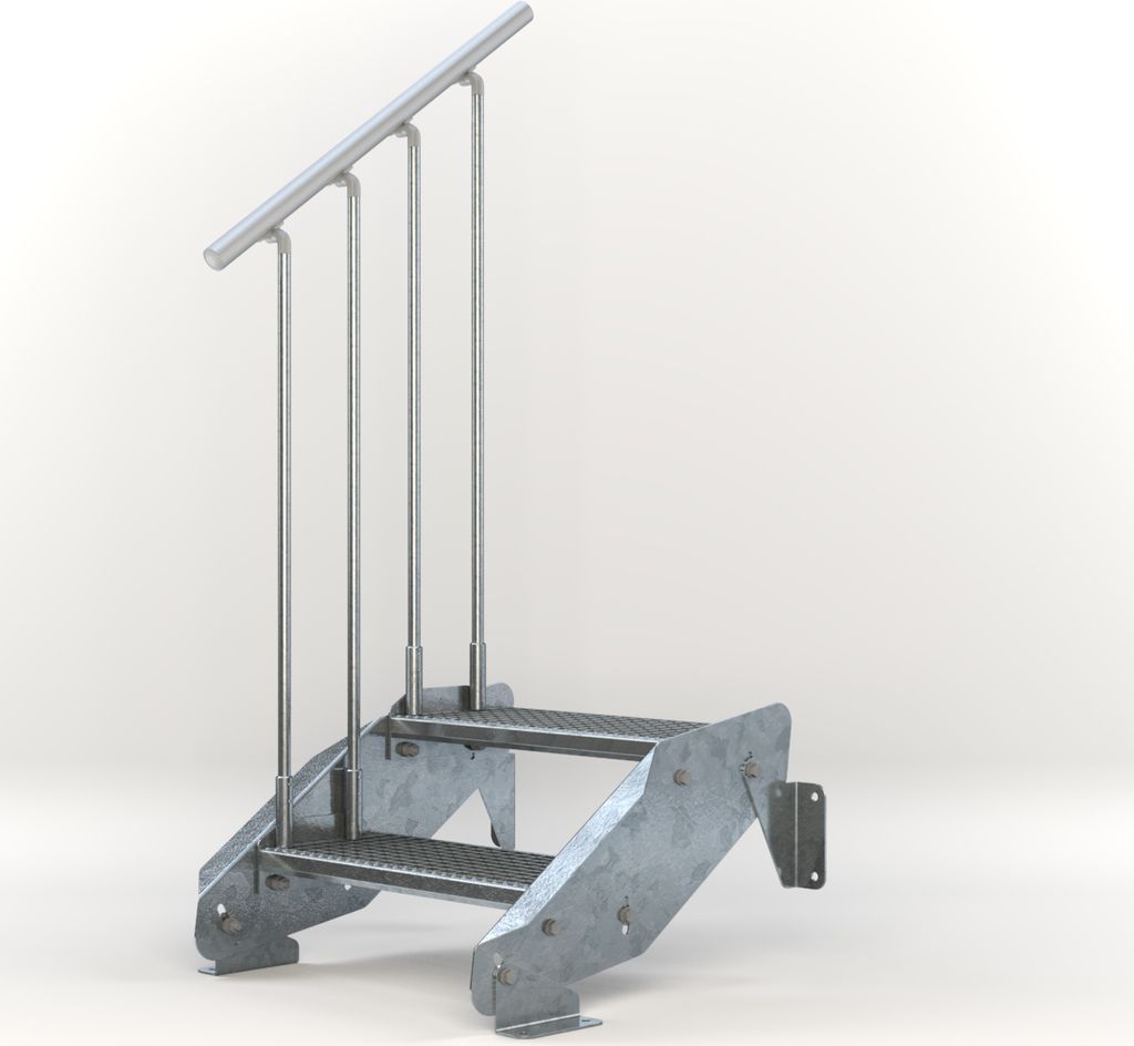 Stahltreppe 2 Stufen bis Höhe 44 cm, Laufbreite : 60 cm Geländer links ST 2 (31 / 31 mm gezackt)