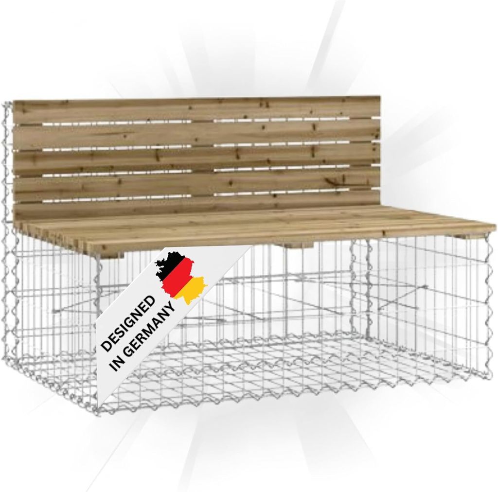 DELUKE Gartenbank Gabionen INO aus Stahl | 103x70x65cm Kiefernholz Braun | Gabionenbank Gartenbank mit Sitzfläche aus Gabionen Steinkorb Gabione...