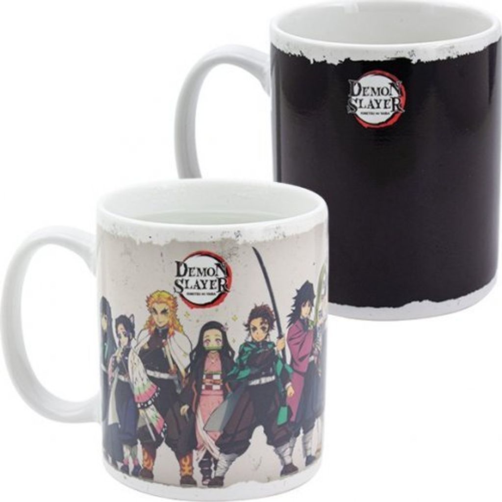 Two Demon Slayer mugs are shown against a white background. One mug is in the foreground with characters printed on it, and the other is in the background, appearing to be a heat-sensitive mug that turns black when cold.