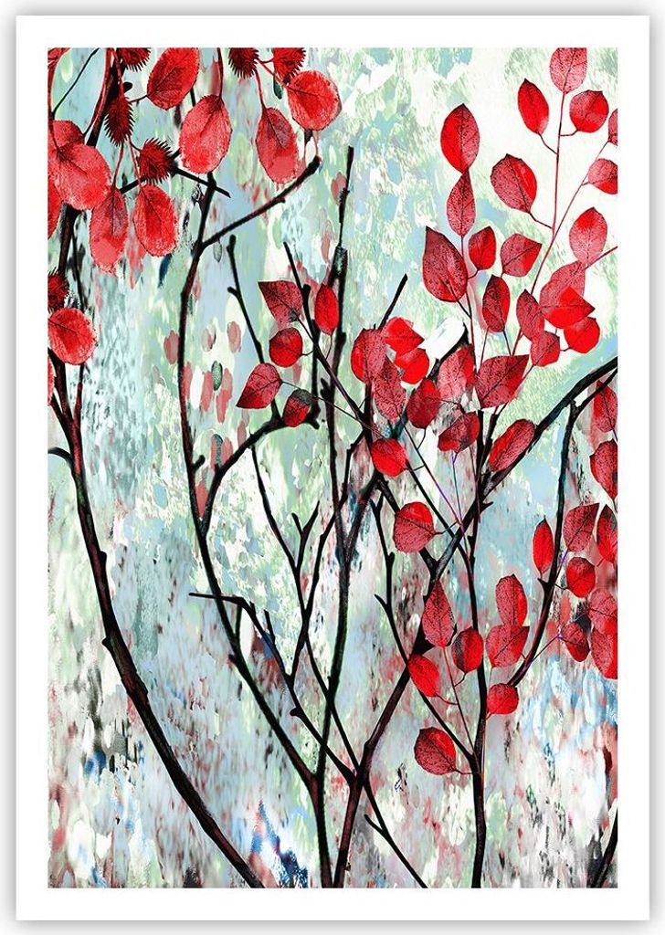 Poster - Poster ohne Rahmen - Rot Blätter Zweige - 70x100 cm - Wand Bild - Wanddeko - Wandbilder - Kunstposter - Wandposter - Bilder - Kunstdruck ...