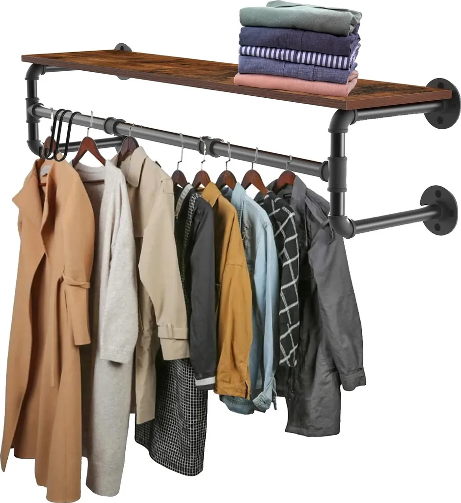 Étagère Portemanteau Murale pour Entrée et Bureau, Bois Brun-Noir Chic