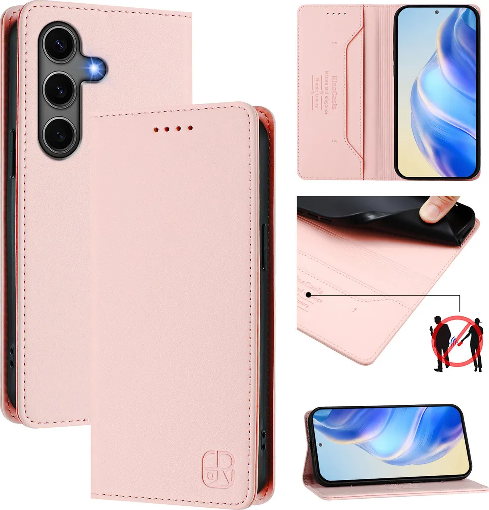 Custodia in pelle per Samsung Galaxy S25+, flip case con slot per carte, portafoglio e supporto Rosa