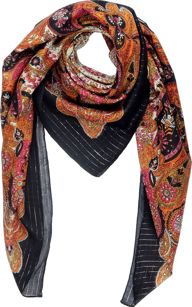 Baumwolltuch Paisley Blumen Muster02 schwarz bunt Lurex silber quadratisches Tuch
