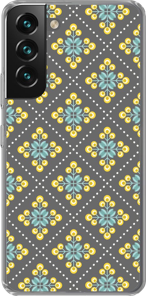 MuchoWow Handyhülle Schutzhülle Hülle für Telefoonhoesje Samsung Galaxy S22 Plus Design - Kariert - Blumen - Grau Silikon Softcase Handy Hül...