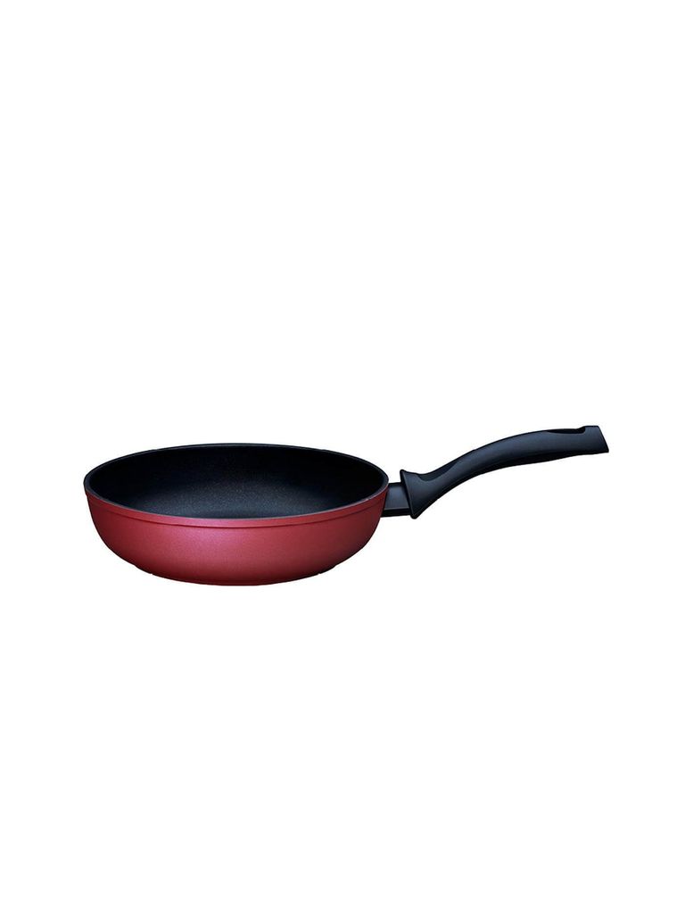 A red frying pan with a black handle is shown against a white background.