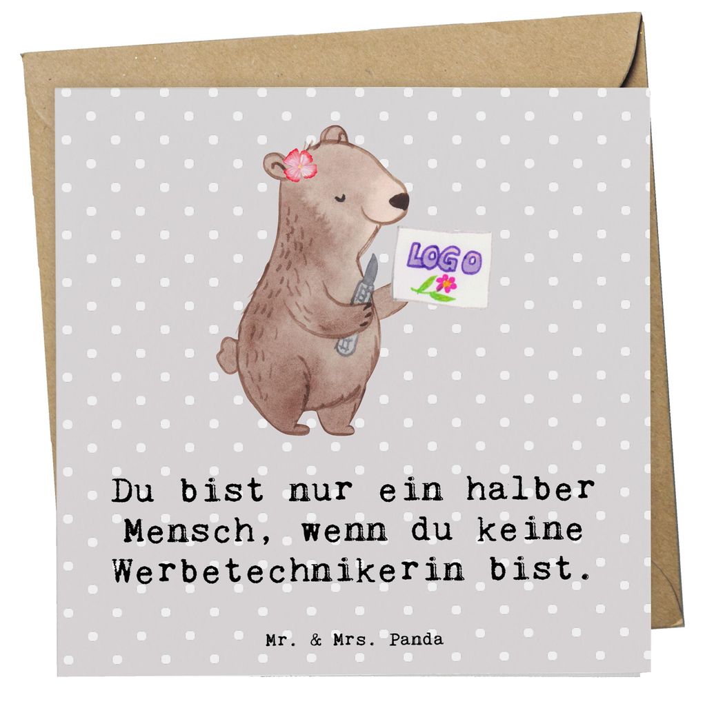 Mr. & Mrs. Panda Klappkarte Werbetechnikerin Herz - Grau Pastell - Geschenk, Glückwunschkarte, faltkarte, Grußkarte, doppelkarte, anlasskarte