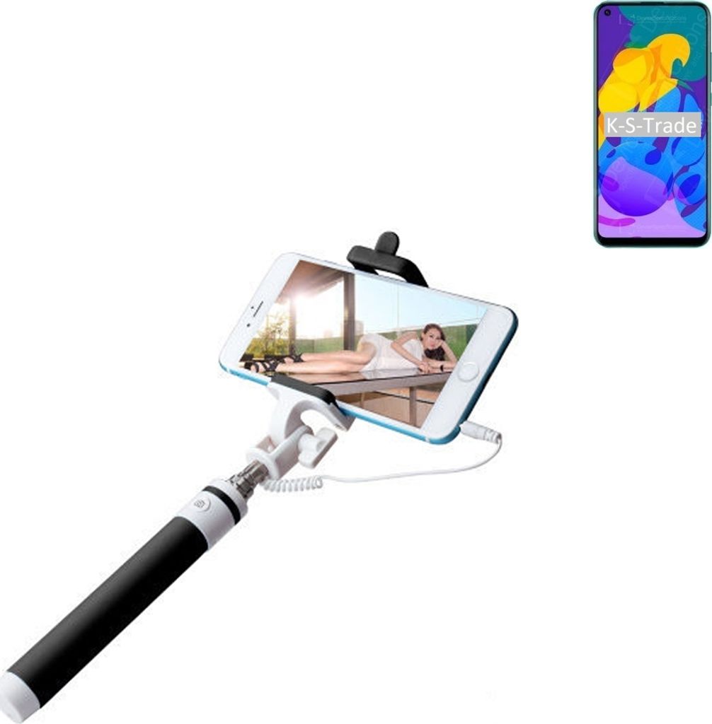 K-S-Trade Selfie Stick kompatibel mit Huawei Honor Play 4T Selfiestick kabelgebunden Monopod mit Kabel Stab Stange Selfportrait Handheldstick schwarz