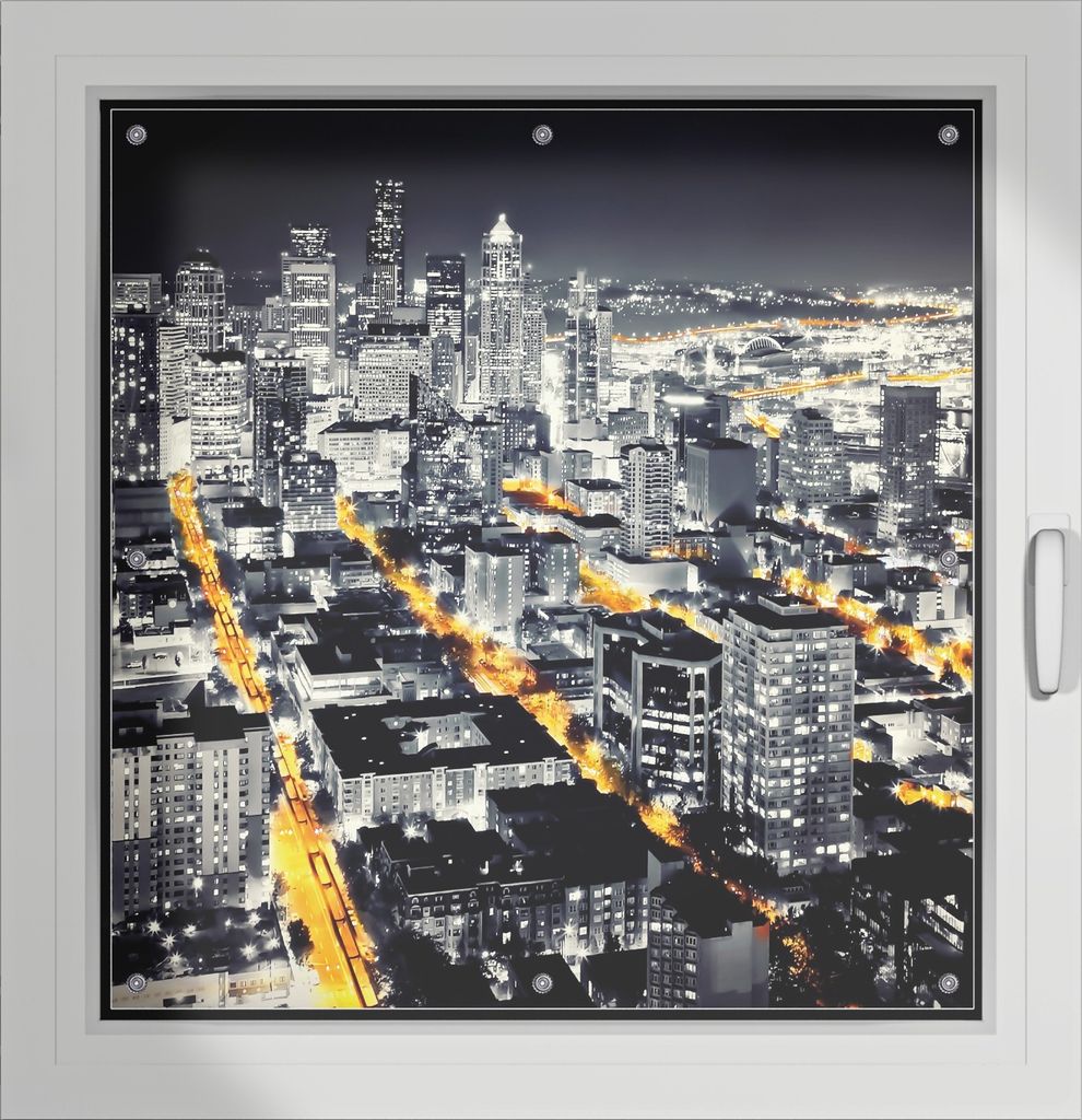 Wallario Lichtschutzbild, Dekorativer Sichtschutz Sonnenschutz 96 x 93 cm mit Motiv: Großstadt bei Nacht - Seattle in schwarz weiß gelb - Verdunk...