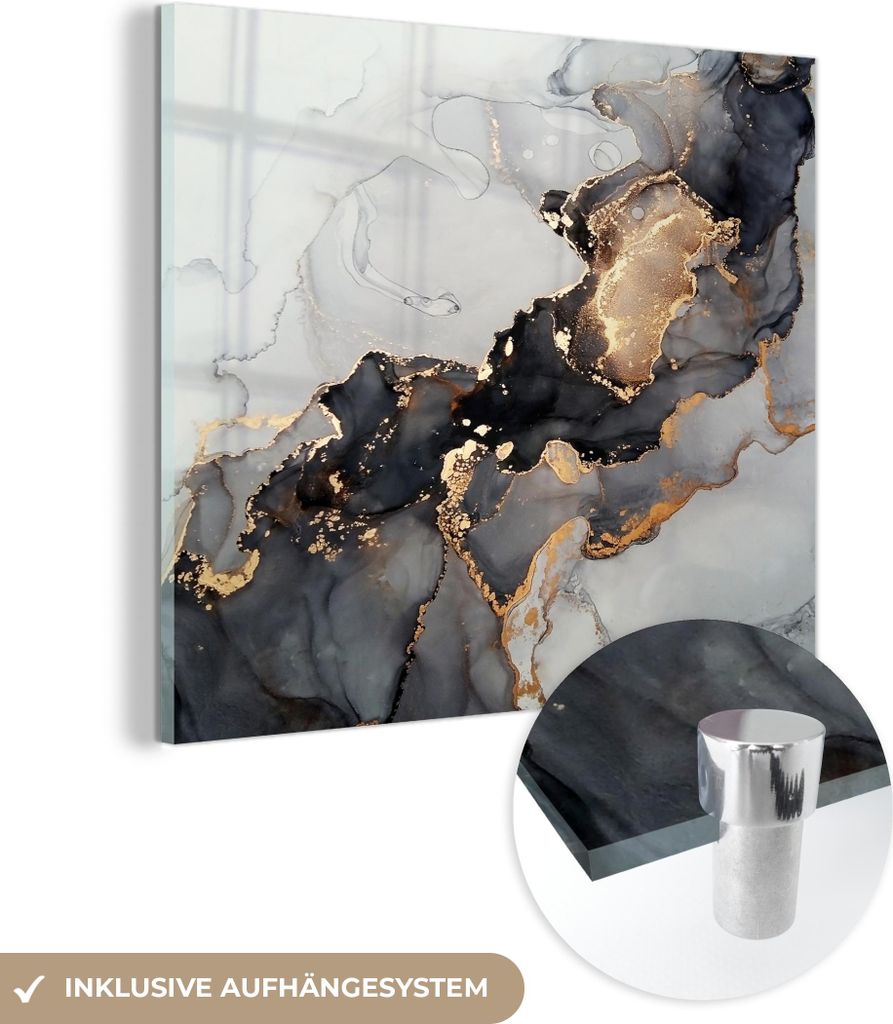 MuchoWow Glasbilder - Bilder auf Wandbild - Foto auf Glas Schwarz - Marmor - Luxus - Gold 20x20 cm Wanddekoration aus Glas - Acrylglasbild - Acrylb...