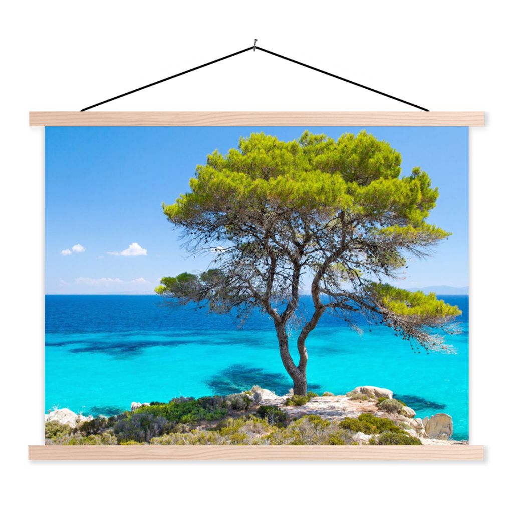 MuchoWow Textilposter Baum - Meer - Tropisch - Sommer 120x90 cm mit holzfarbenen Rahmen - Magnetisch