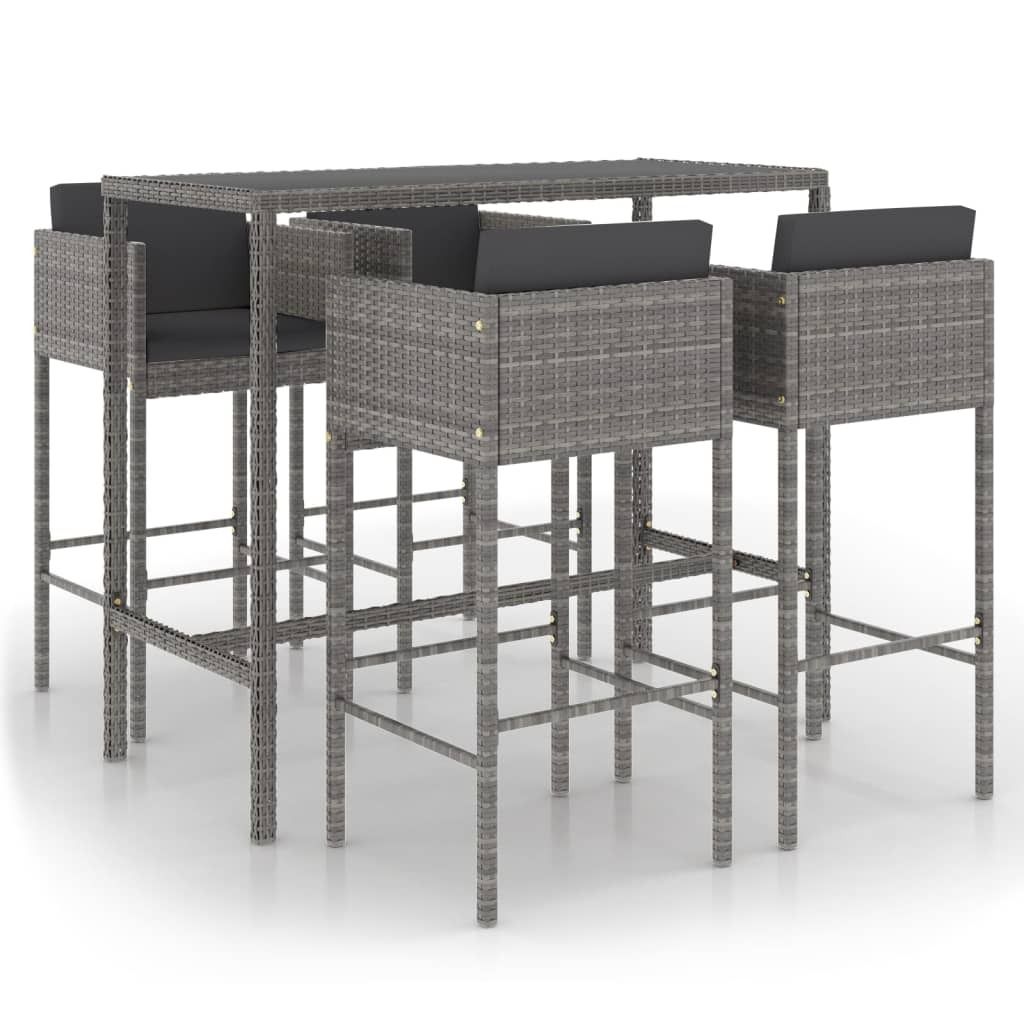 vidaXL 5-tlg. Gartenbar-Set mit Kissen Poly Rattan Grau