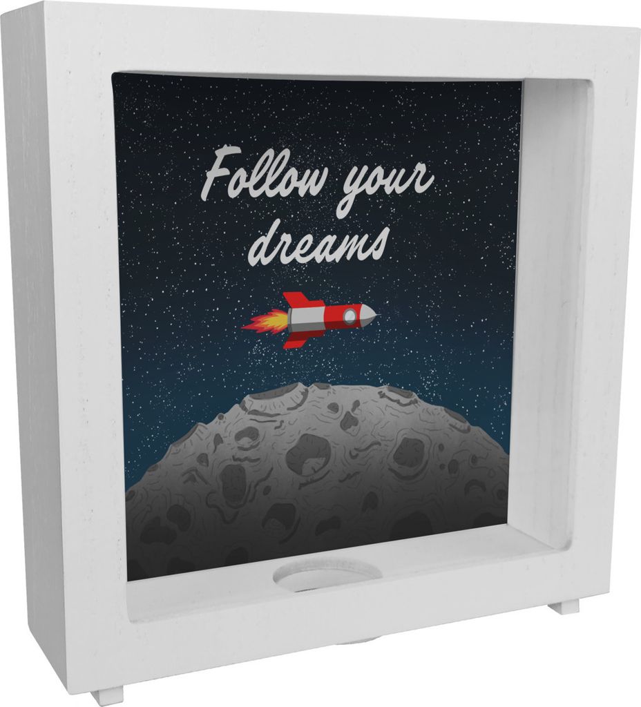 Rakete im Weltall follow your dreams Mond Rahmen Spardose aus Holz