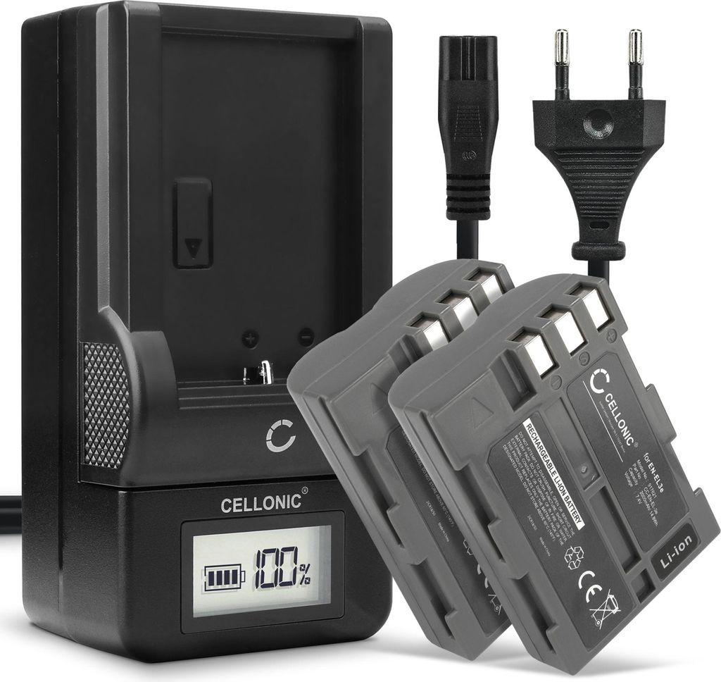 CELLONIC 2x Akku für Kamera Kompatibel mit Nikon D700, D90, D200, EN-EL3e - (2000mAh, 7.4V) + Ladegerät