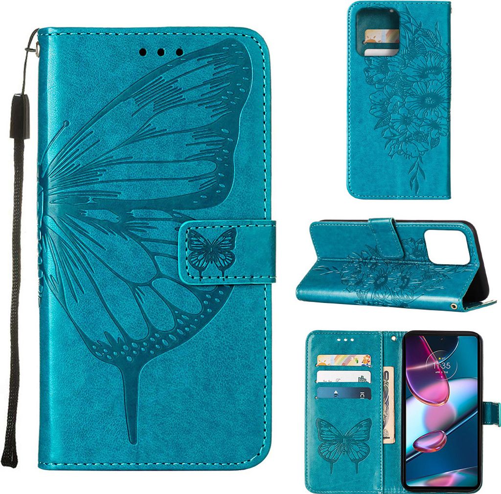 Lederhülle für Motorola Edge+ (2023) Schmetterling Prägung Flip Ledertasche Kartenfächer Handyhülle mit Ständer Blau